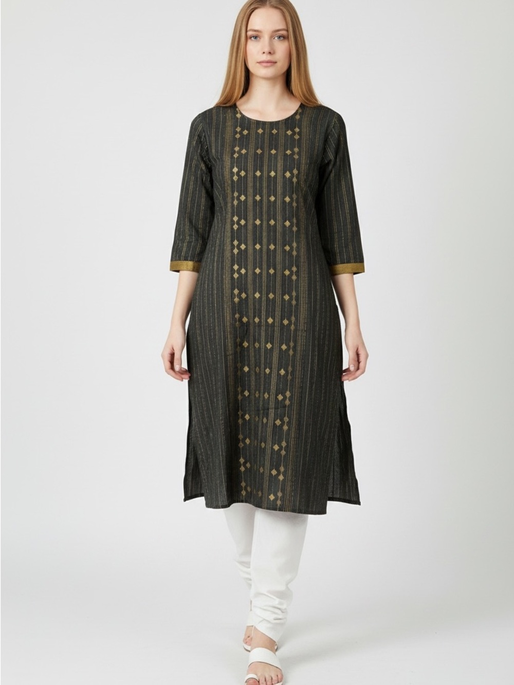 Elegant Black & Gold Printed Straight Kurta - Women's Top